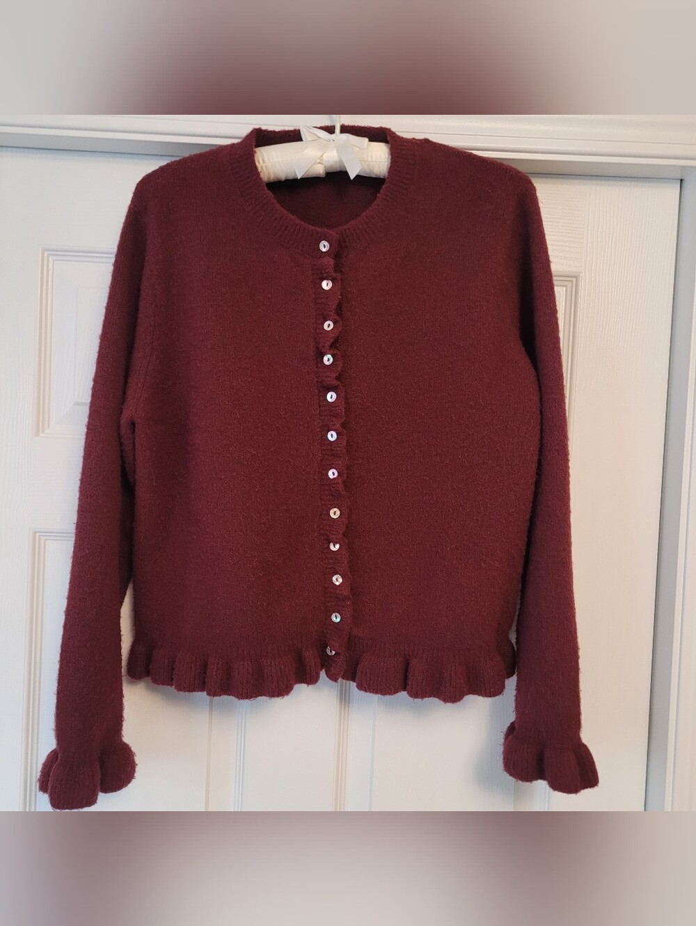 Zara Burgundy Ruffle-Hem Button Cardigan